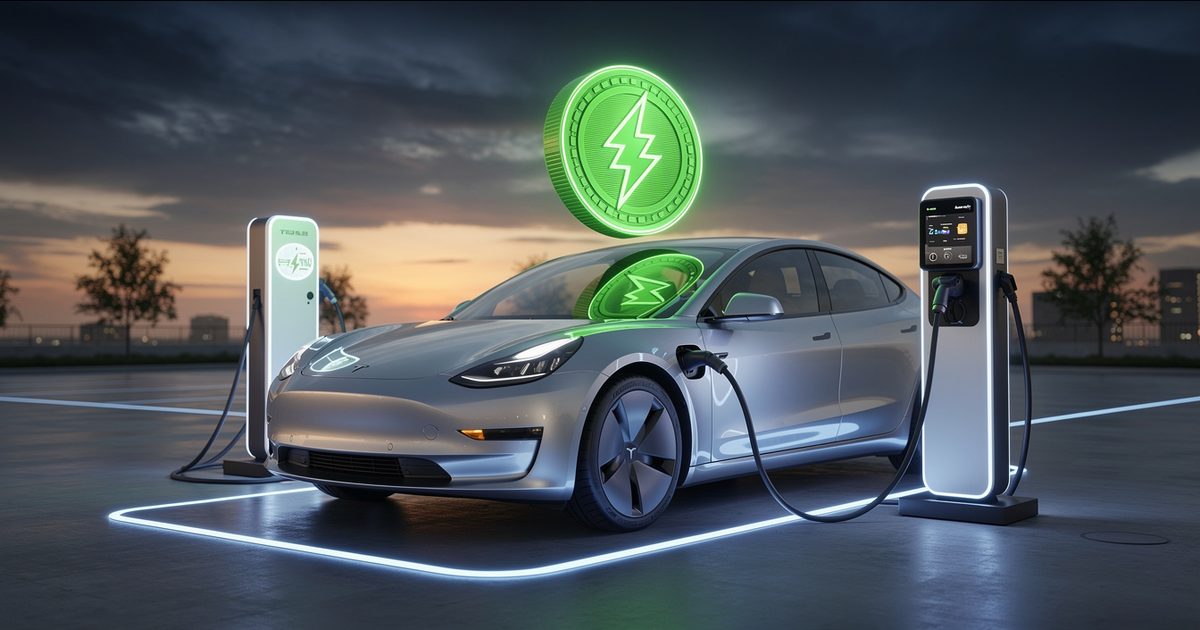 Elektroauto lädt an einer Schnellladesäule, darüber schwebt eine grüne Blitz-Münze als Symbol für Cashback (KI-generiertes Symbolbild)