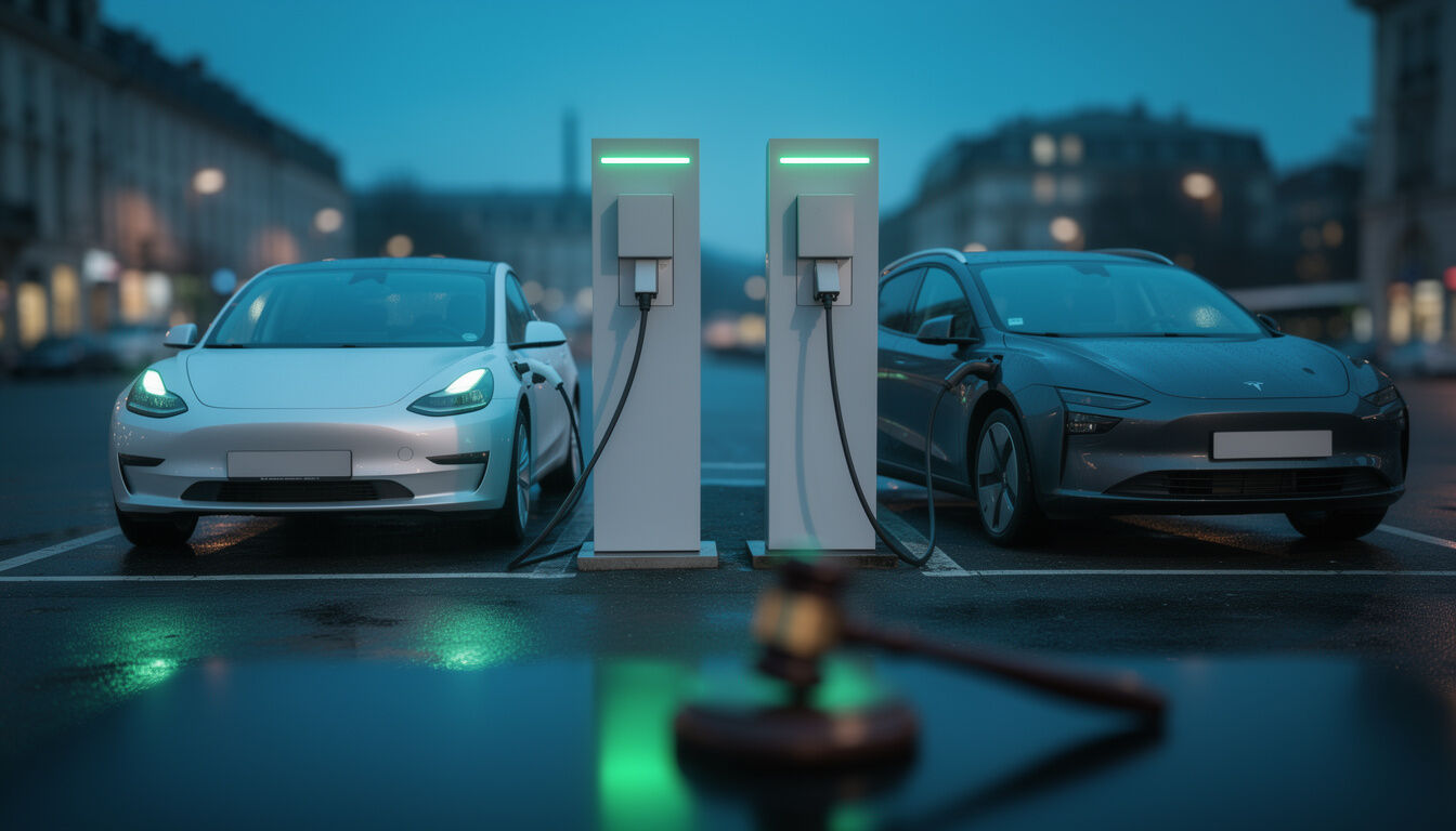Zwei Elektroautos laden nebeneinander an Ladesäulen, im Vordergrund ein Richterhammer (KI-generiertes Symbolbild)