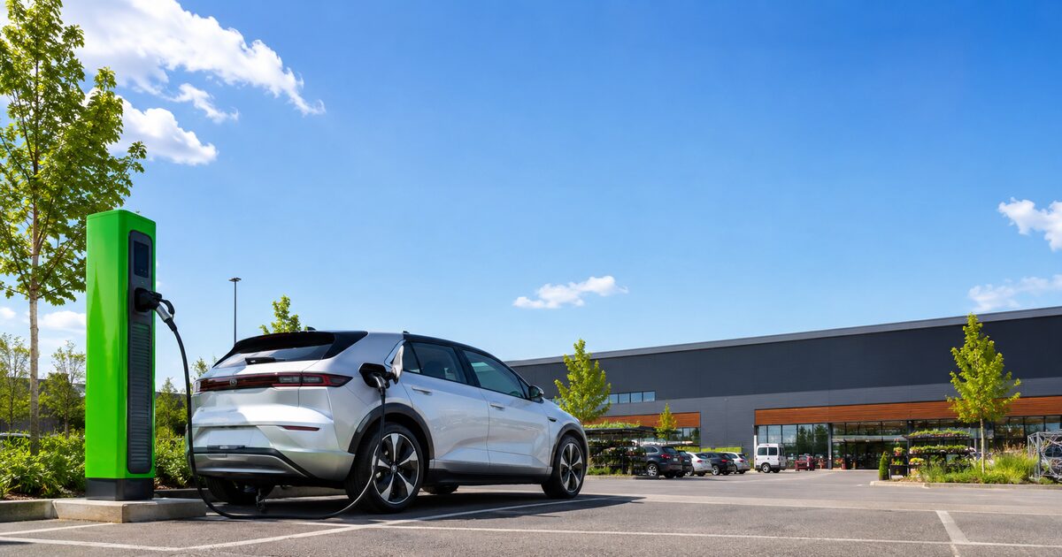 E-Auto lädt an einer Kaufland-Ladestation auf dem Parkplatz – 50-Prozent-Rabattaktion im Juli 2026