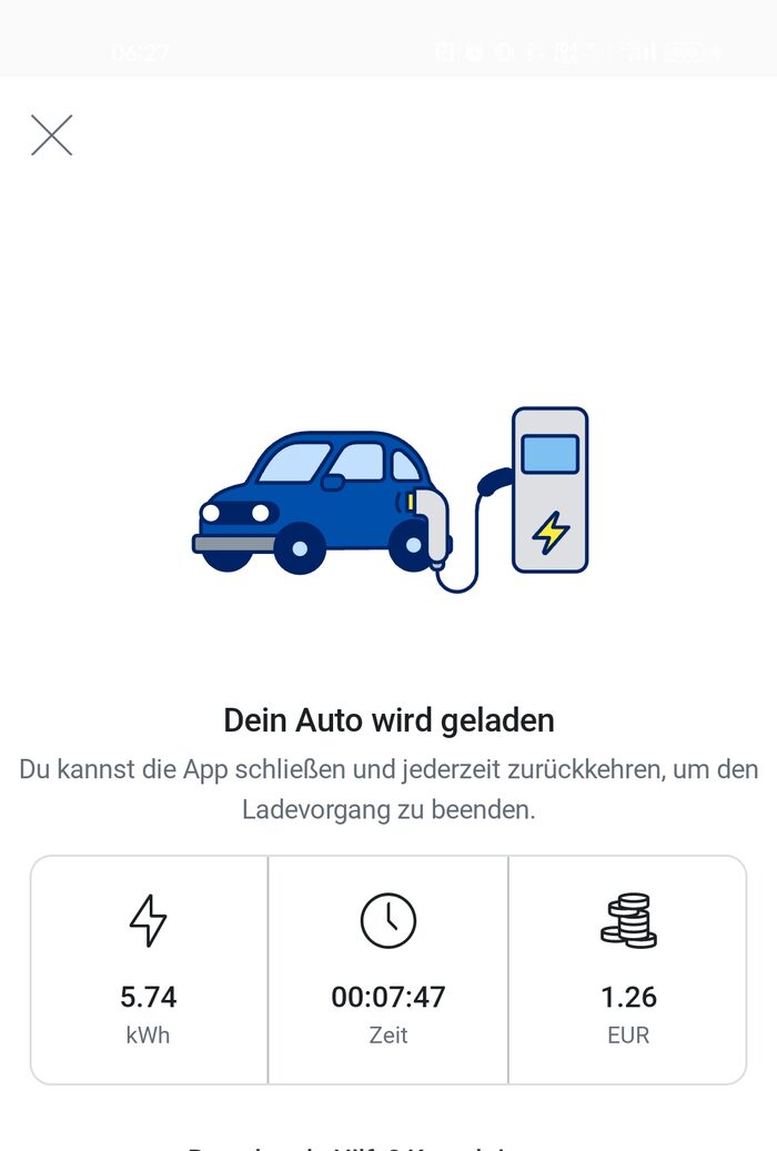 Kaufland eCharge App zeigt laufenden DC-Ladevorgang mit 5,74 kWh und 1,26 Euro