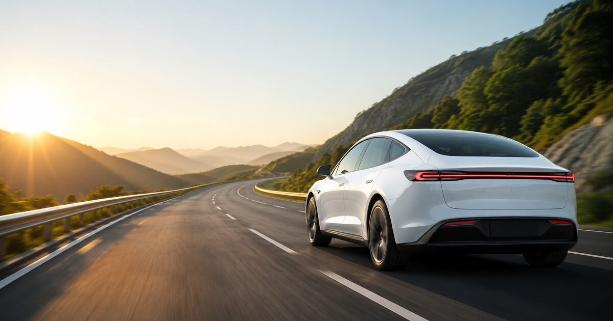 Elektroauto fährt bei Sonnenaufgang auf einer leeren Straße