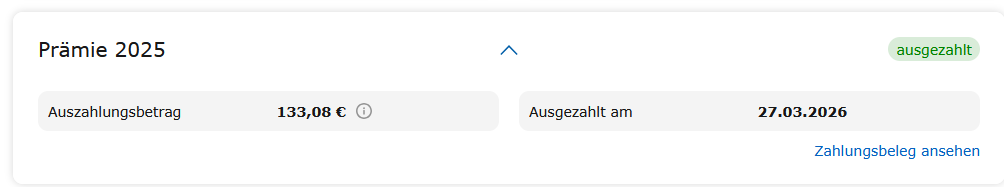 Eigener Screenshot: THG-Prämie 2025 in Höhe von 133,08 €, ausgezahlt am 27.03.2026